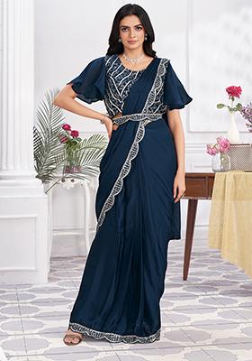 Blue Sequin Embroidered Satin Silk Pre-Stitched Saree Set