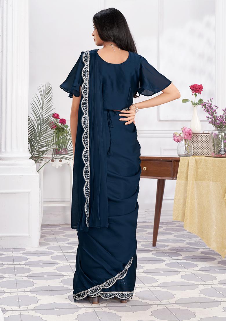 Blue Sequin Embroidered Satin Silk Pre-Stitched Saree Set