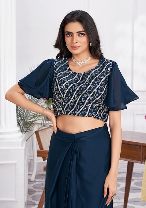 Blue Sequin Embroidered Satin Silk Pre-Stitched Saree Set