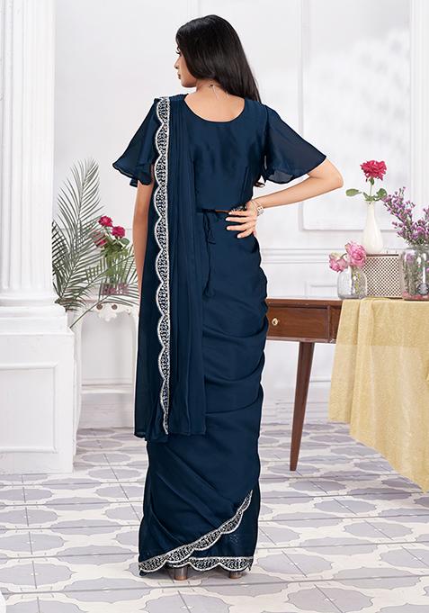 Blue Sequin Embroidered Satin Silk Pre-Stitched Saree Set