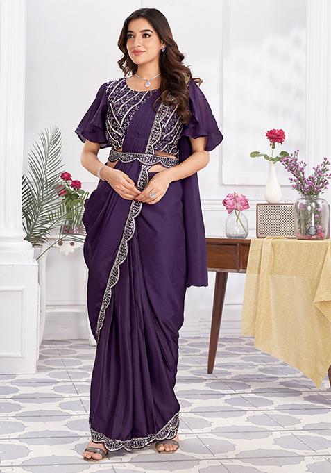 Purple Sequin Embroidered Satin Silk Pre-Stitched Saree Set