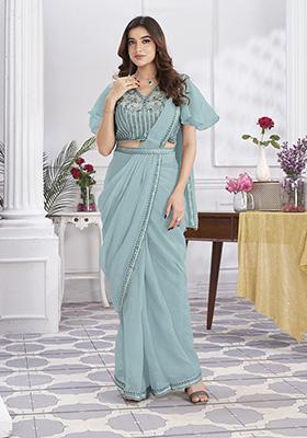 Blue Sequin Embroidered Shimmer Georgette Pre-Stitched Saree Set