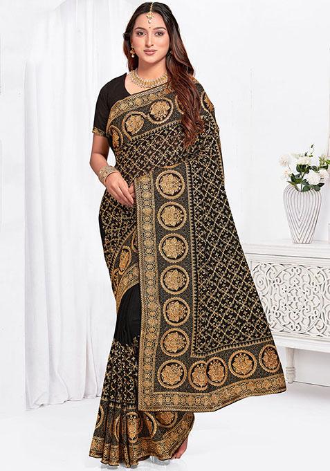 Black Zari Embroidered Vichitra Blooming Silk Saree Set