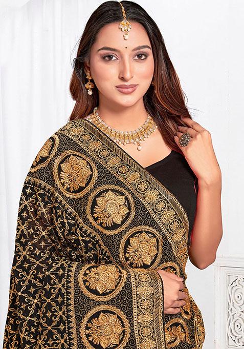 Black Zari Embroidered Vichitra Blooming Silk Saree Set