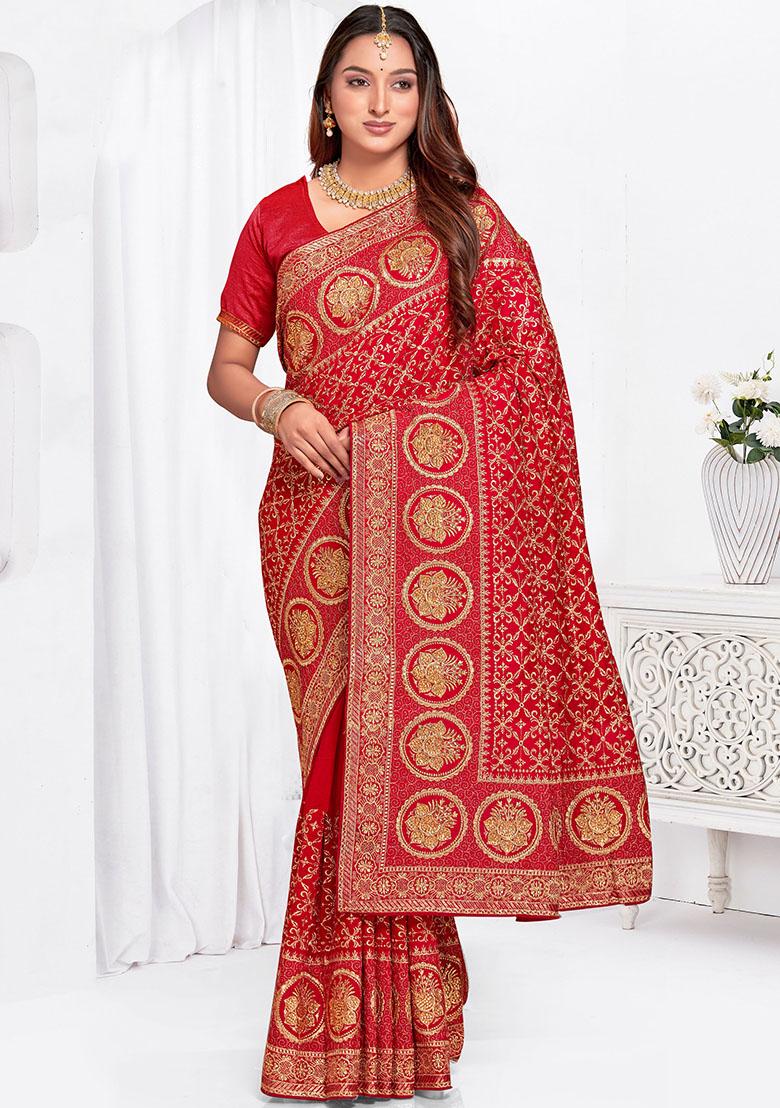 Red Zari Embroidered Vichitra Blooming Silk Saree Set
