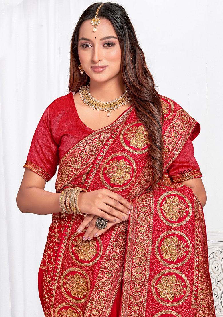 Red Zari Embroidered Vichitra Blooming Silk Saree Set