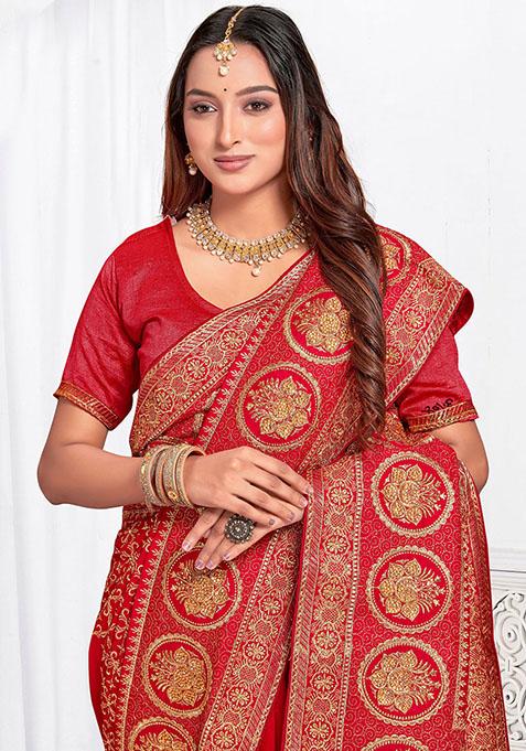 Red Zari Embroidered Vichitra Blooming Silk Saree Set