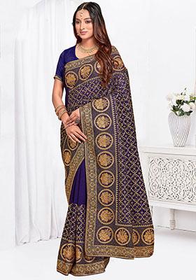 Navy Blue Zari Embroidered Vichitra Blooming Silk Saree Set