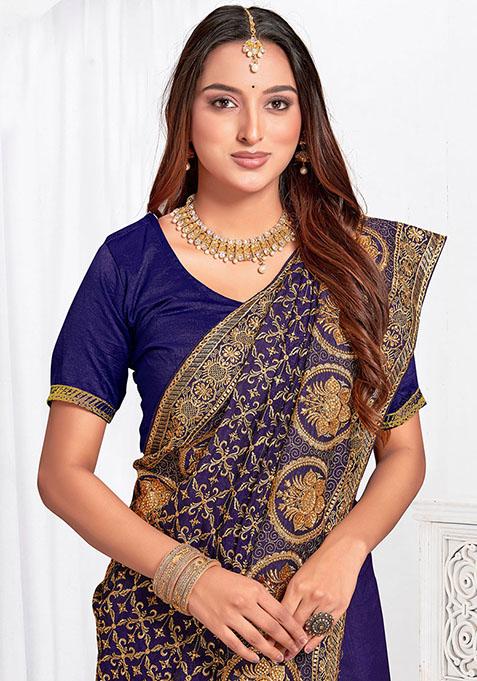 Navy Blue Zari Embroidered Vichitra Blooming Silk Saree Set