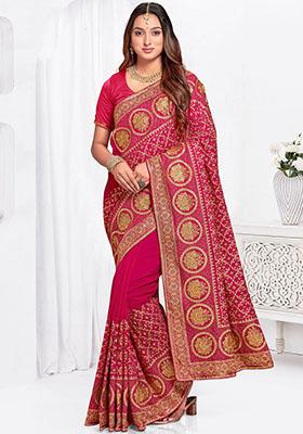 Rani Pink Zari Embroidered Vichitra Blooming Silk Saree Set
