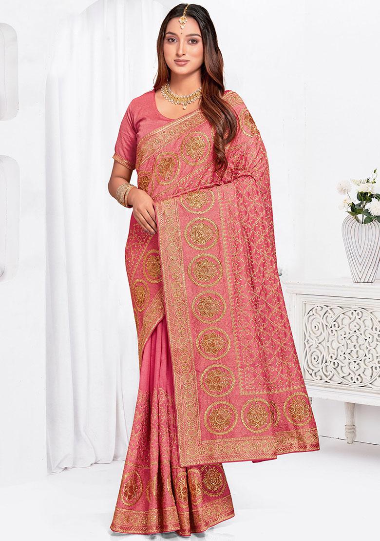 Peach Zari Embroidered Vichitra Blooming Silk Saree Set