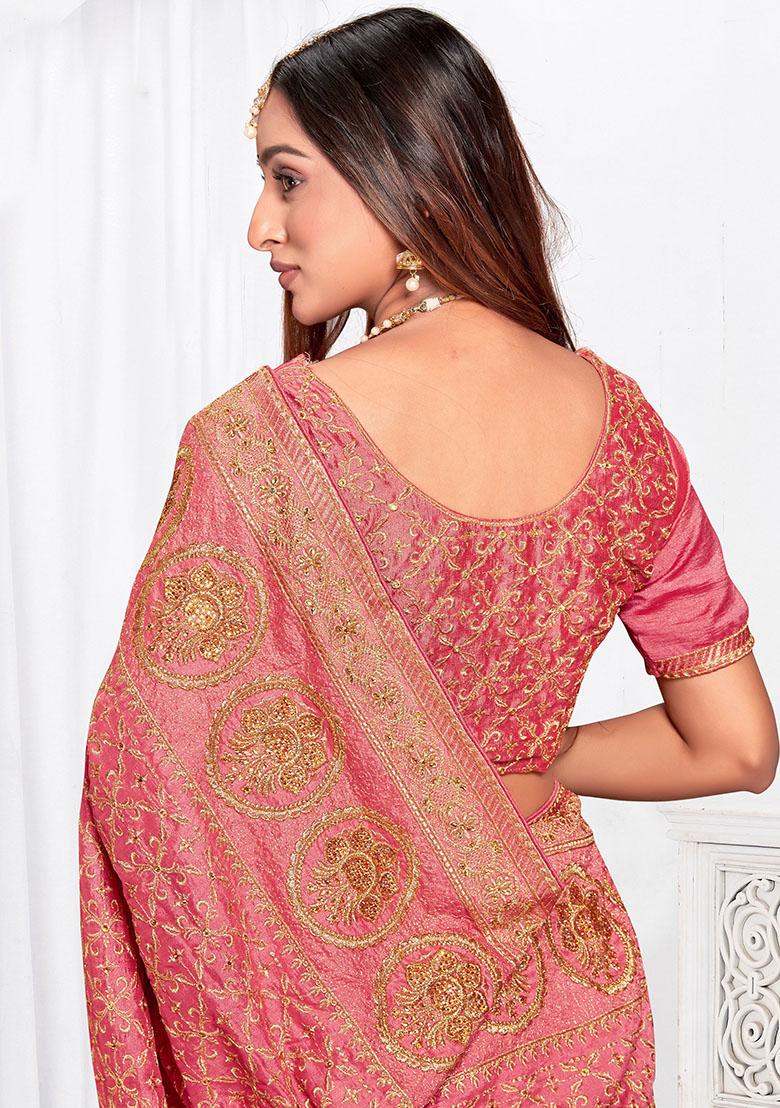 Peach Zari Embroidered Vichitra Blooming Silk Saree Set