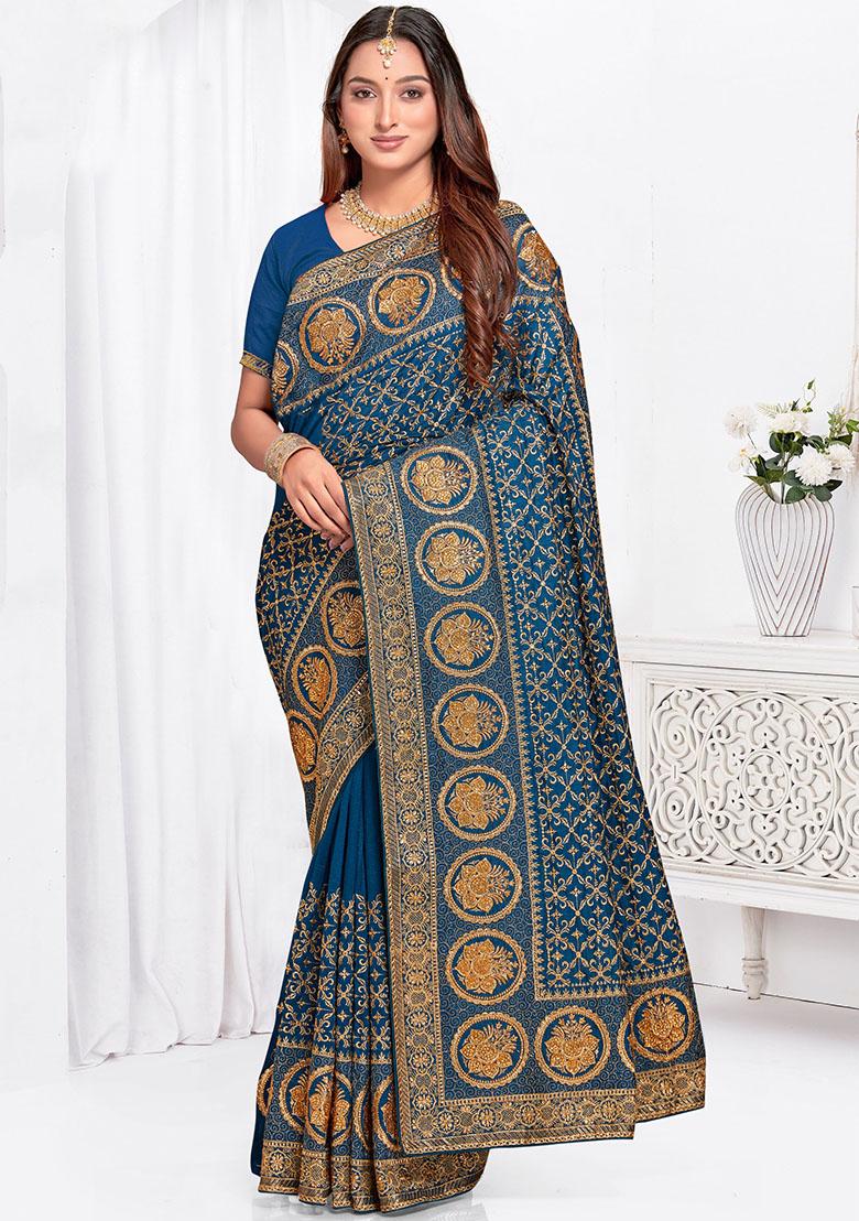 Morpeach Zari Embroidered Vichitra Blooming Silk Saree Set