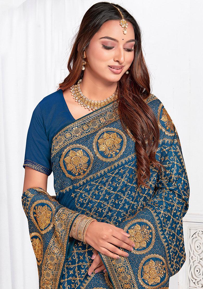 Morpeach Zari Embroidered Vichitra Blooming Silk Saree Set