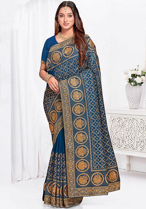 Morpeach Zari Embroidered Vichitra Blooming Silk Saree Set