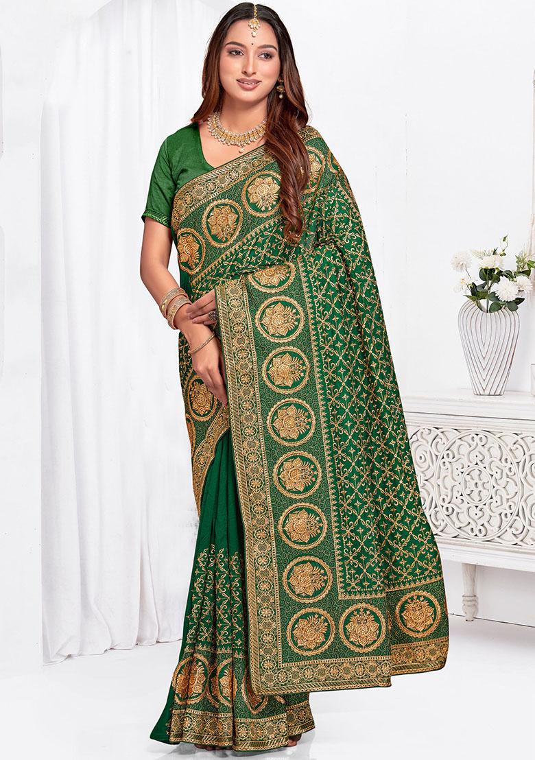 Bottle Green Zari Embroidered Vichitra Blooming Silk Saree Set