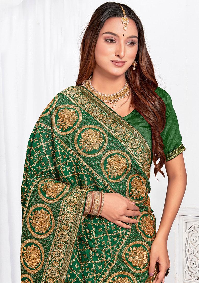 Bottle Green Zari Embroidered Vichitra Blooming Silk Saree Set