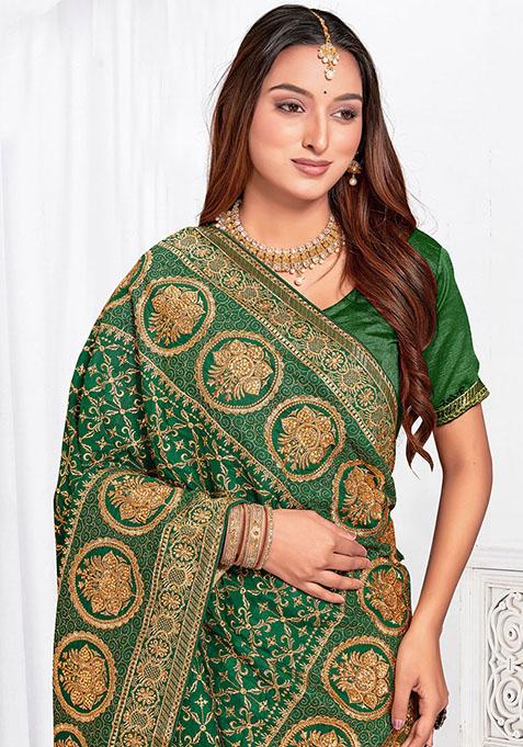 Bottle Green Zari Embroidered Vichitra Blooming Silk Saree Set