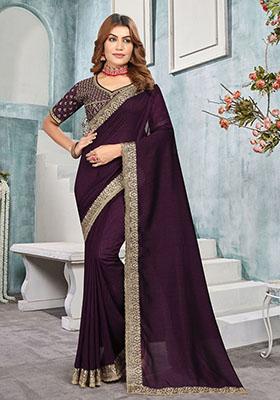 Purple Zari Embroidered Vichitra Blooming Saree Set