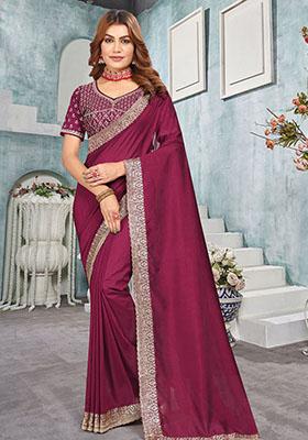 Wine Zari Embroidered Vichitra Blooming Saree Set