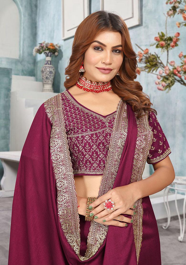 Wine Zari Embroidered Vichitra Blooming Saree Set