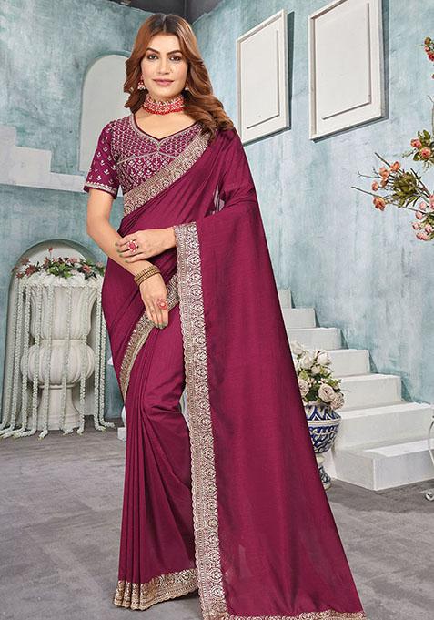Wine Zari Embroidered Vichitra Blooming Saree Set
