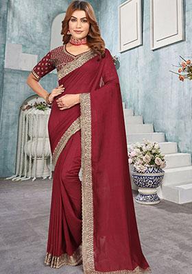 Maroon Zari Embroidered Vichitra Blooming Saree Set