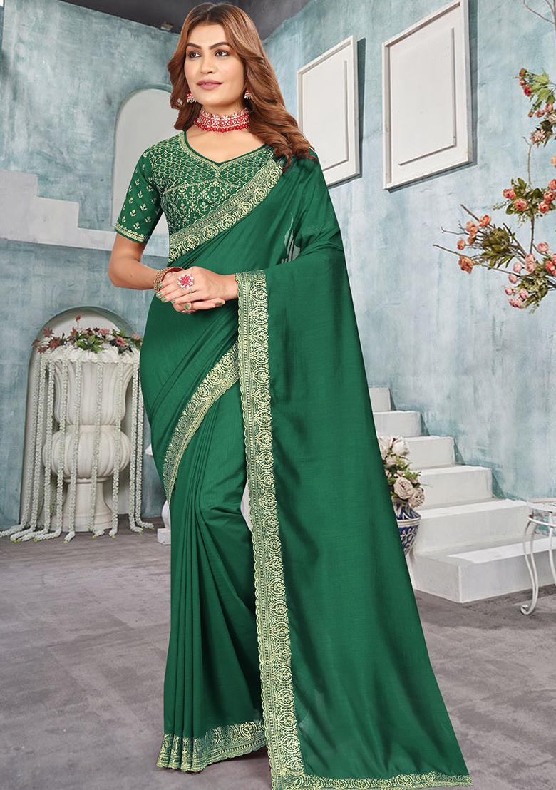 Bottle Green Zari Embroidered Vichitra Blooming Saree Set