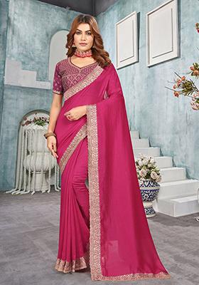 Rani Pink Zari Embroidered Vichitra Blooming Saree Set