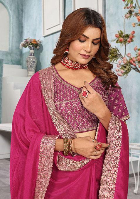 Rani Pink Zari Embroidered Vichitra Blooming Saree Set