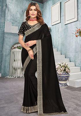 Black Zari Embroidered Vichitra Blooming Saree Set
