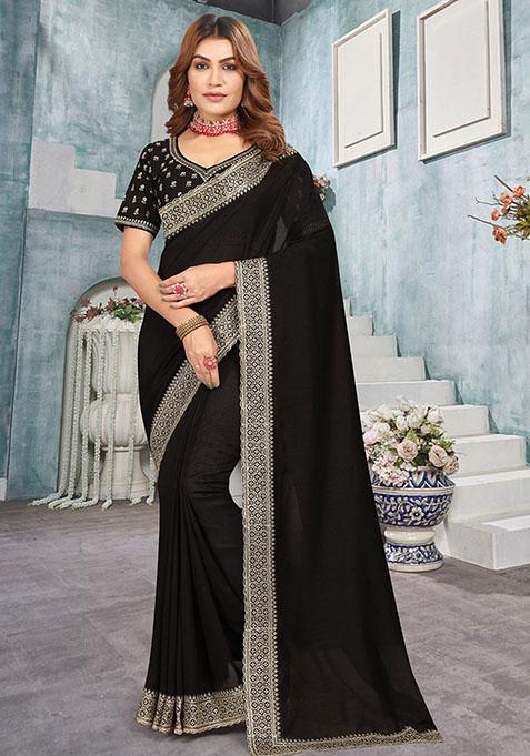 Black Zari Embroidered Vichitra Blooming Saree Set
