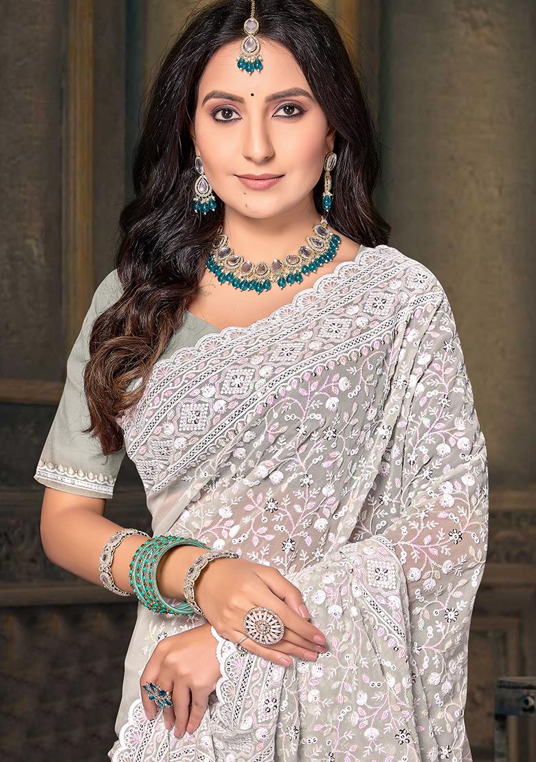 Dusty Green Resham Sequin Embroidered Georgette Saree Set