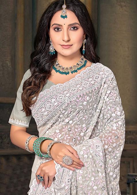 Dusty Green Resham Sequin Embroidered Georgette Saree Set