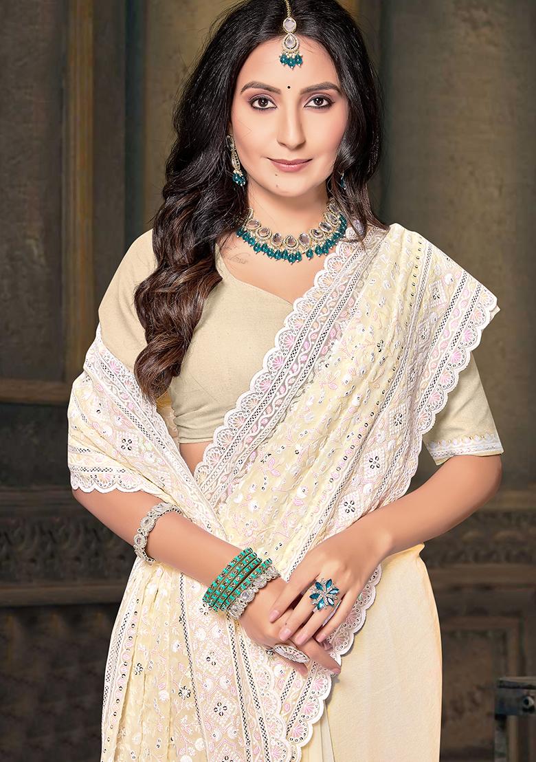 Lemon Yellow Resham Sequin Embroidered Georgette Saree Set