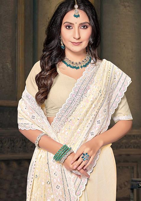 Lemon Yellow Resham Sequin Embroidered Georgette Saree Set