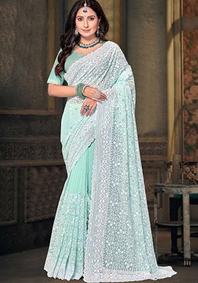 Green Resham Sequin Embroidered Georgette Saree Set