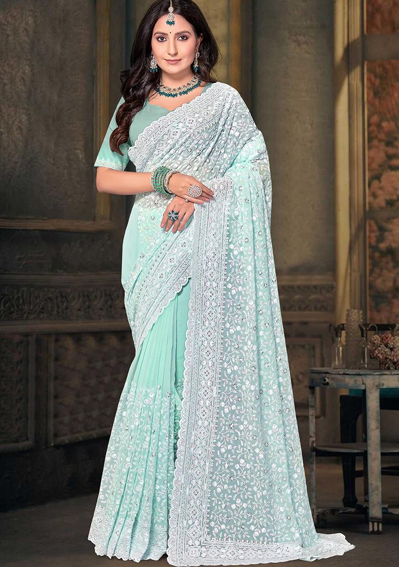 Green Resham Sequin Embroidered Georgette Saree Set