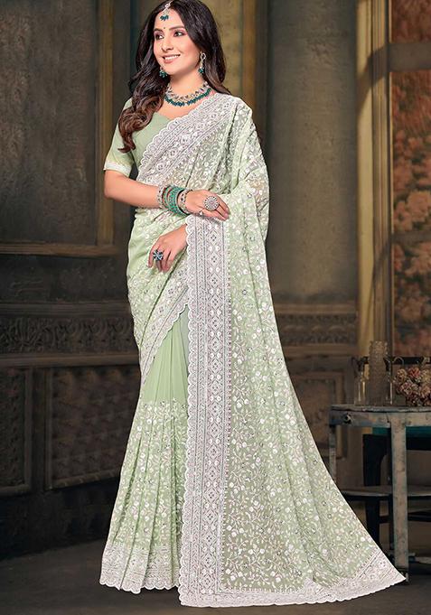 Pista Green Resham Sequin Embroidered Georgette Saree Set
