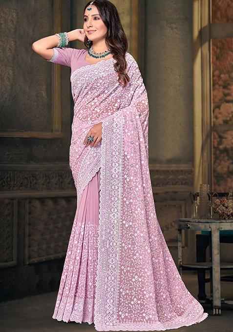 Dusty Pink Resham Sequin Embroidered Georgette Saree Set