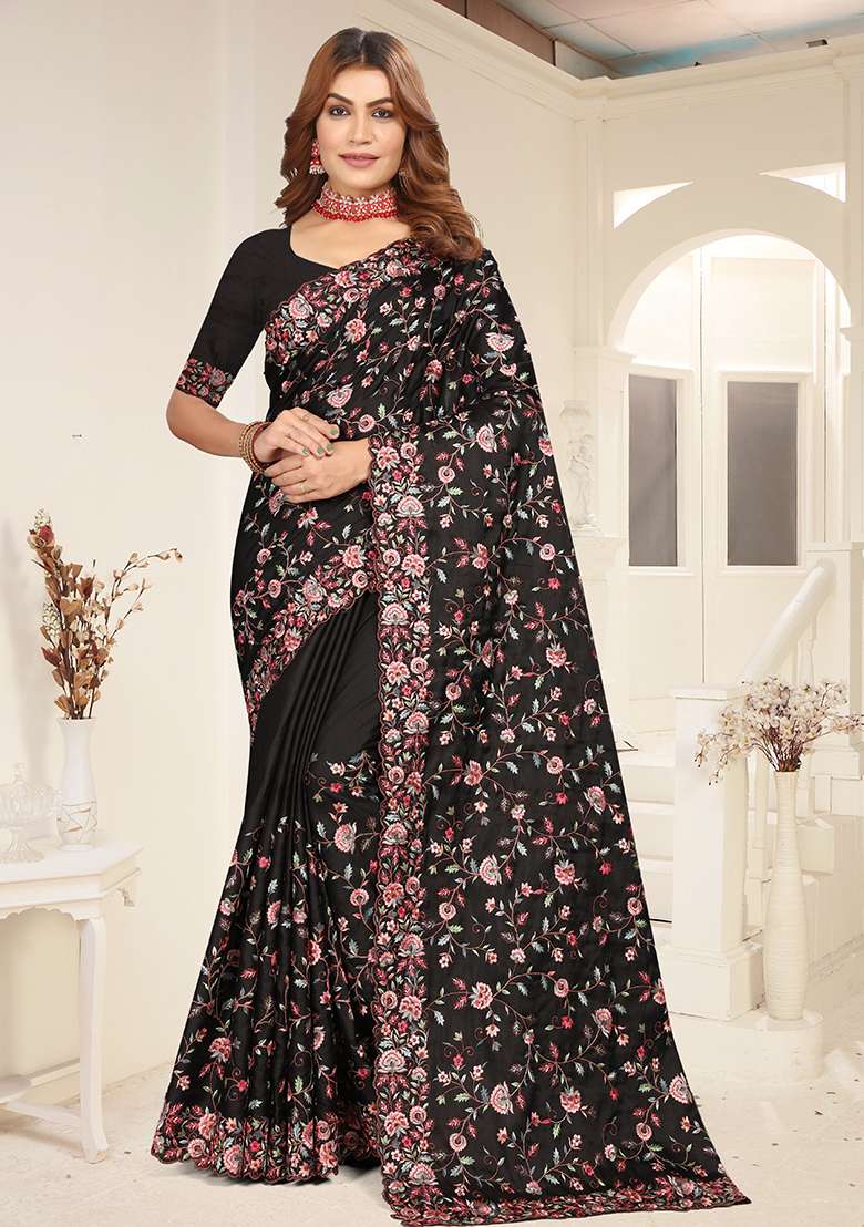 Black Resham Embroidered Tussar Silk Blend Saree Set for Diwali and Festive Wear - Indya