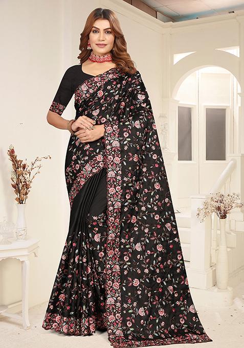 Black Resham Embroidered Tussar Silk Saree Set