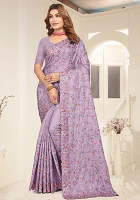 Lavender Resham Embroidered Tussar Silk Saree Set