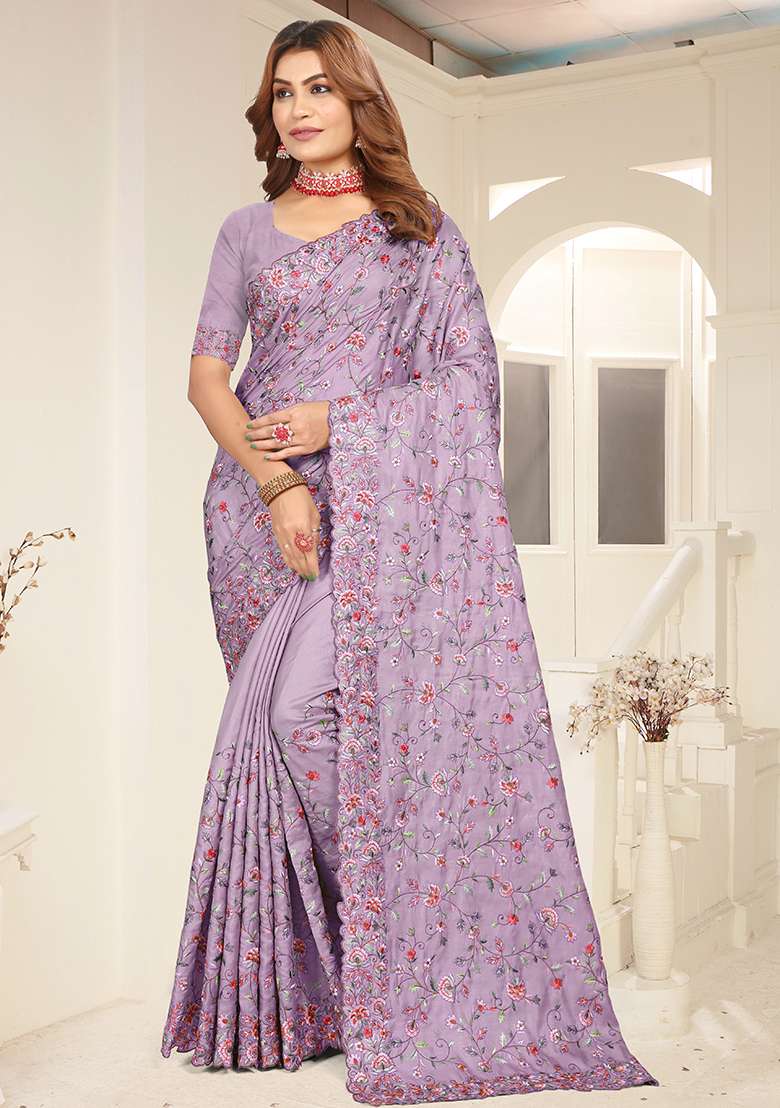 Lavender Resham Embroidered Tussar Silk Blend Saree Set for Diwali and Festive Wear - Indya