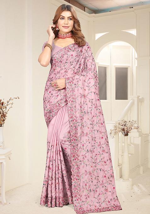 Pink Resham Embroidered Tussar Silk Saree Set