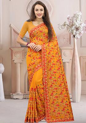 Mustard Resham Embroidered Georgette Saree Set