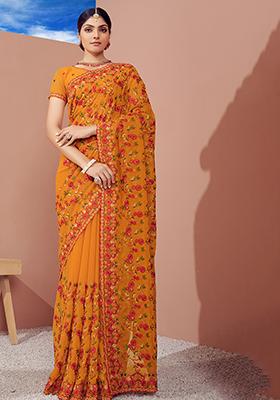Mustard Resham Embroidered Georgette Saree Set
