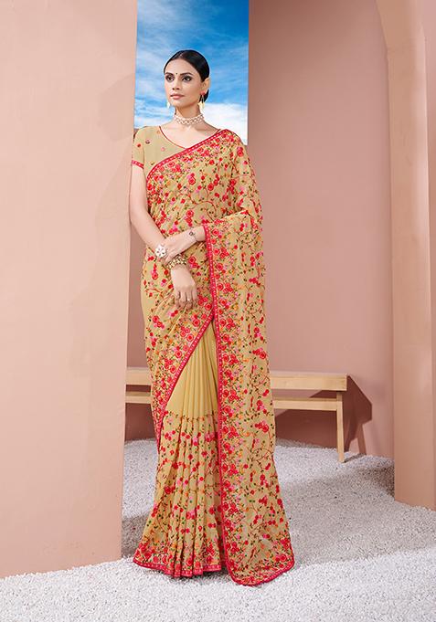 Chiku Brown Resham Embroidered Georgette Saree Set