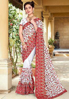 White Resham Embroidered Georgette Saree Set