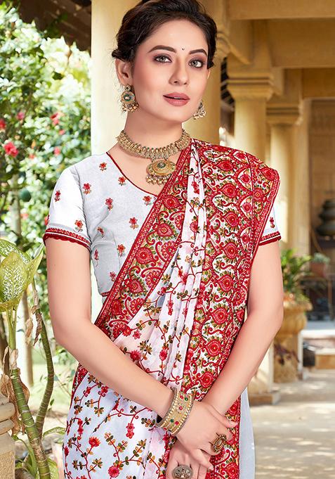 White Resham Embroidered Georgette Saree Set